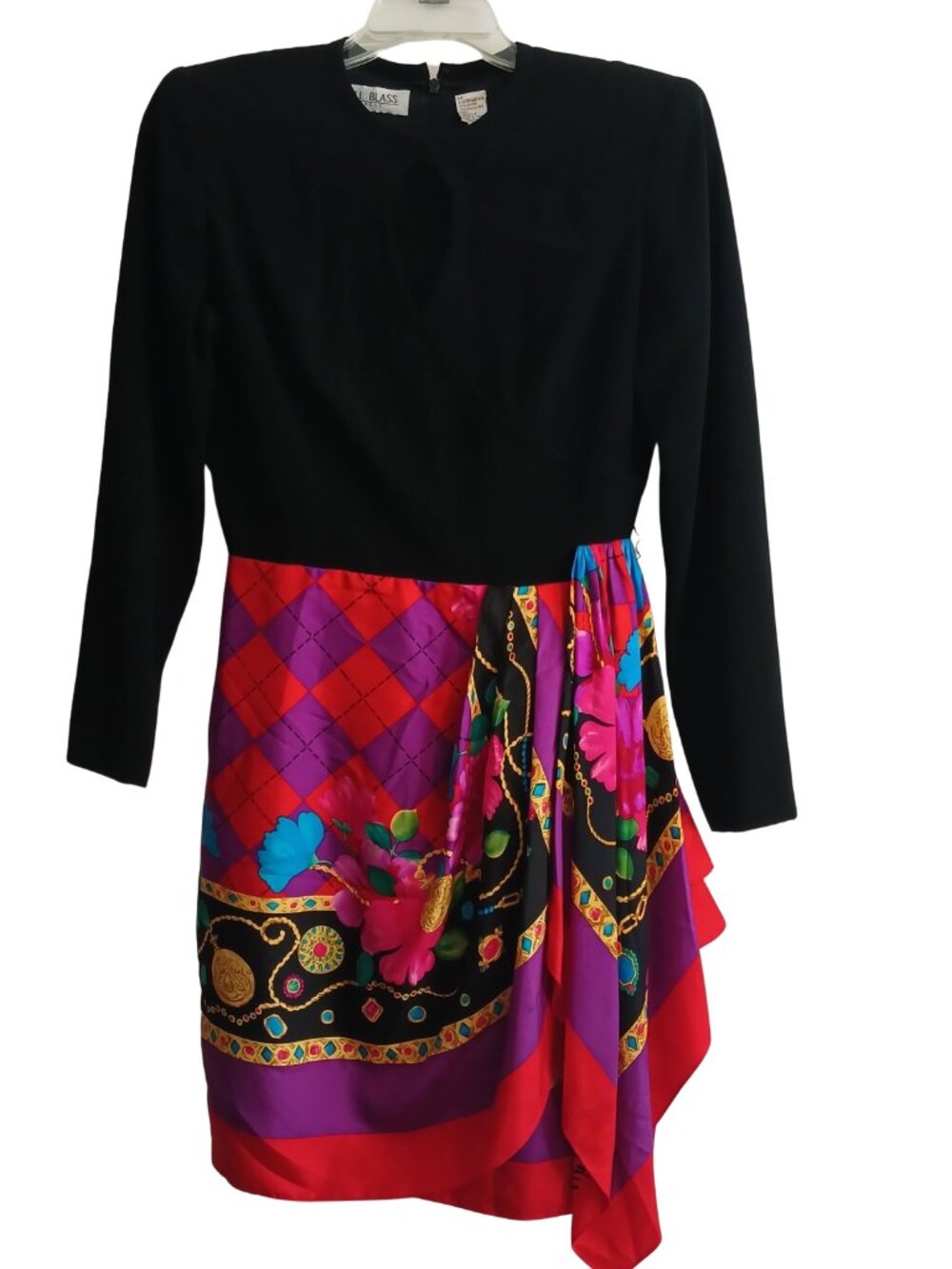 VTG Bill Blass 80s LBD Silk Scarf Skirt Black Keyhole Cocktail Evening Dress